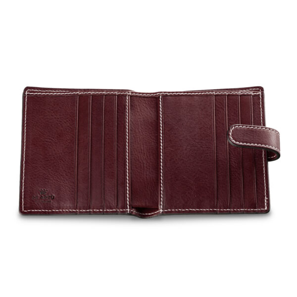 Wallet of artisan leather goods in Florence Melodias bordeaux open