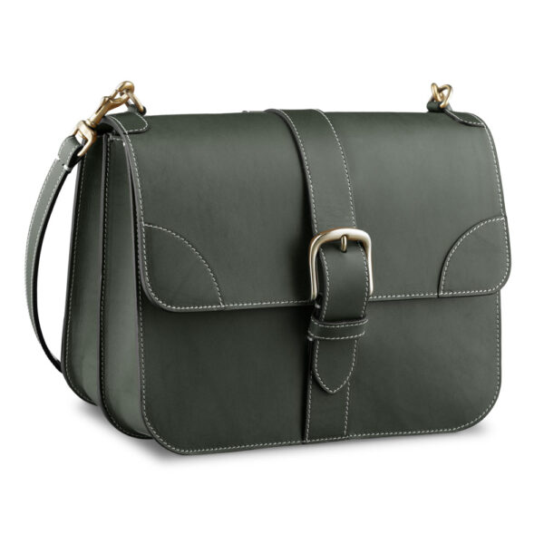 Handmade shoulder bag Morgause green three-quarter view