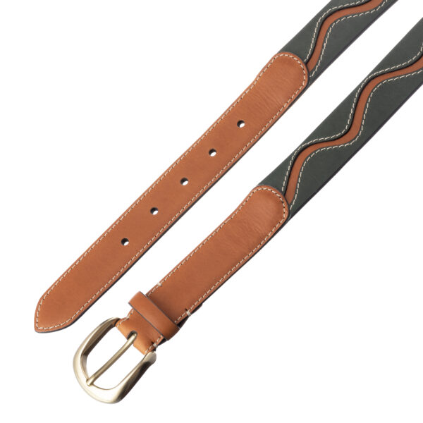 Detail of leather belt Galeschin cognac and green